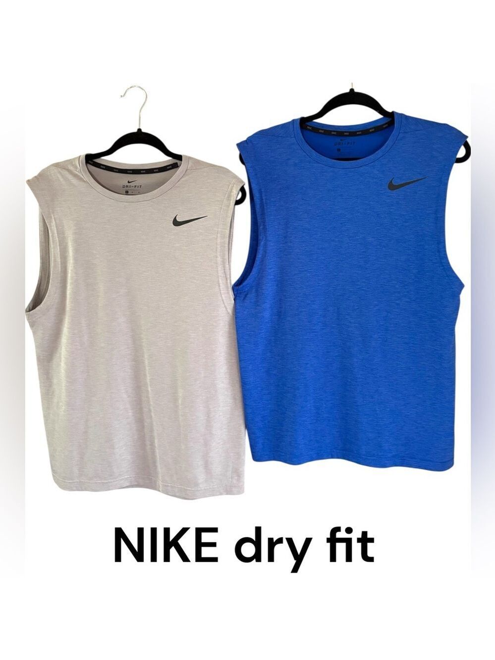 Nike-Lot of 2 men’s dry fit sleeveless crew neck T shirts. Gray & Blue. Size Med
